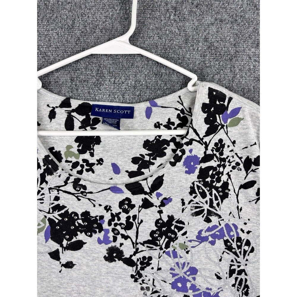 Karen Scott Top Womens XL Gray Purple Black Floral 3/4 Sleeve NWT - Picture 2 of 9